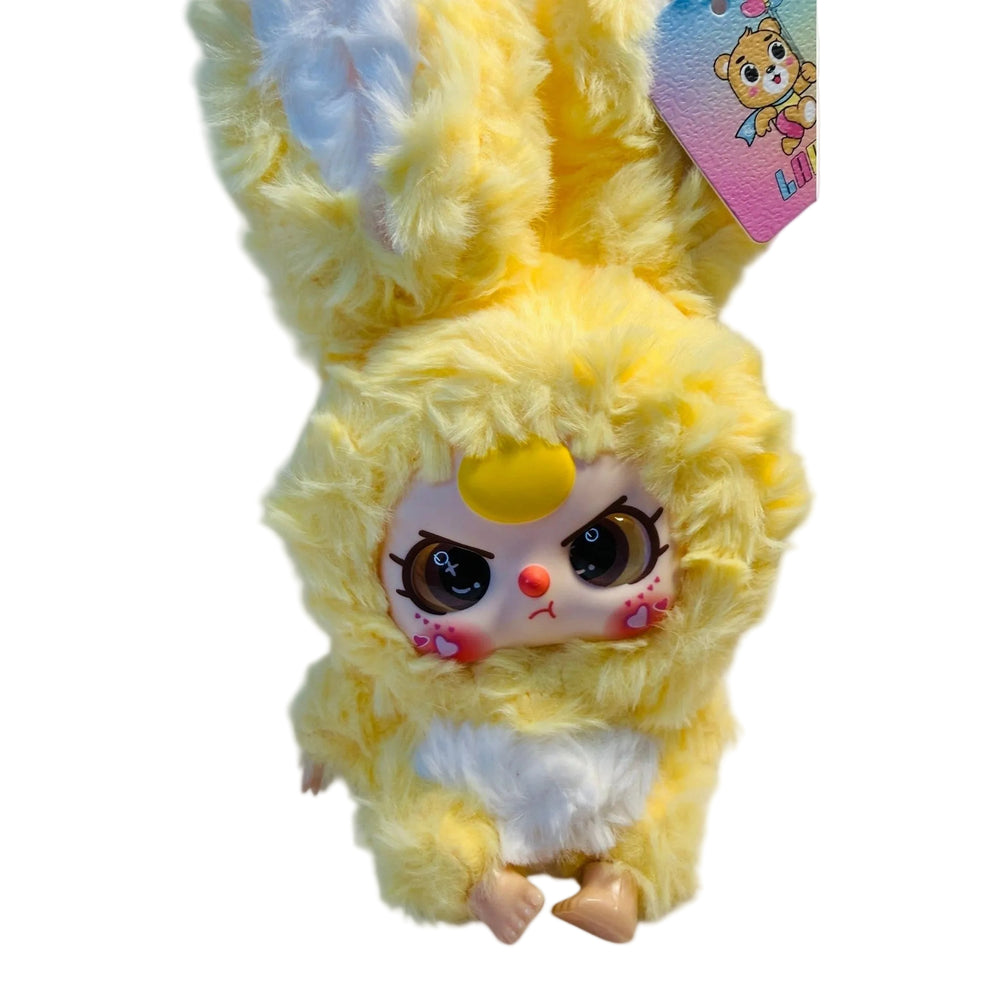 Sunny yellow Baby Three plush doll with sparkling crystal bedazzled details 

