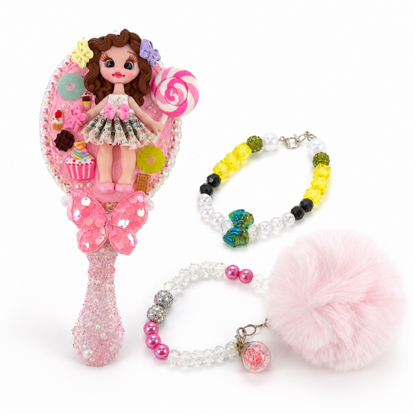 Sweet candy doll decorated hand mirror with matching beaded accessories and pink pom pom