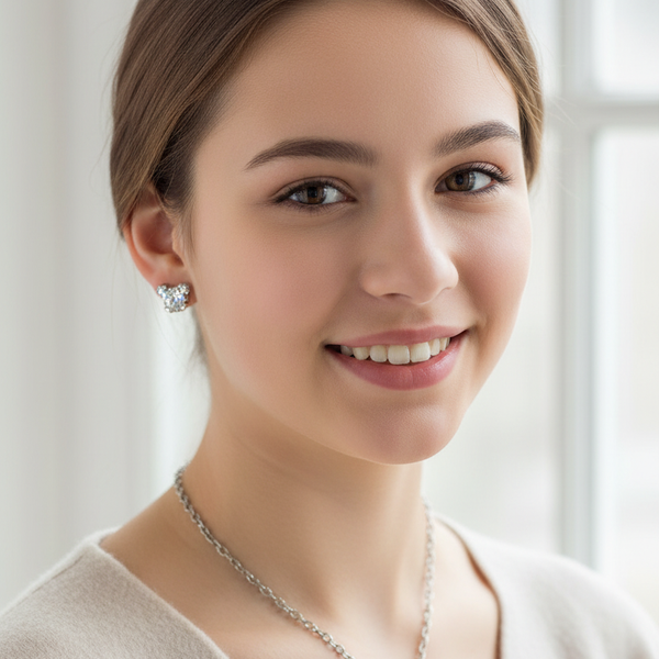 Teenager model wearing the silver-tone pendant necklace and teddy bear crystal earring jewelry set.