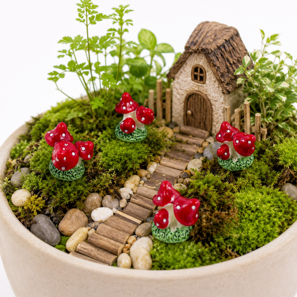 Tiny red mushroom miniatures with cream stems and textured green bases for terrariums and plant pots