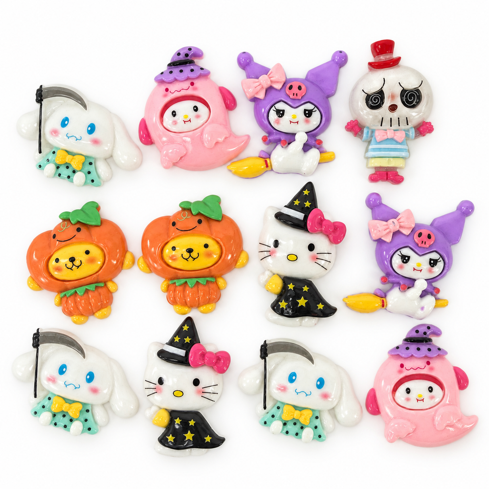 Twelve colorful Halloween resin flatbacks featuring witches, ghosts, pumpkins and skeleton-inspired characters on white.