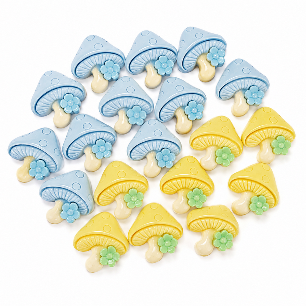Twenty blue and yellow mushroom resin flatback charms with cream stems and flower accents.
