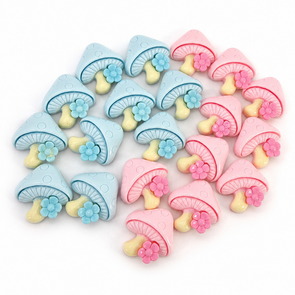 Twenty pink and blue mushroom resin flatback charms with cream stems and flower accents.