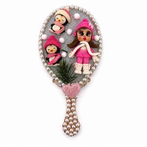 Winter Decorated Hand Mirror with Flexible Porcelain Doll & Penguin Details