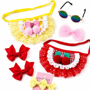Red & Yellow Sparkle Tutu Dog Outfit Gift Set XS | Bows, Sunglasses & Pink Bow