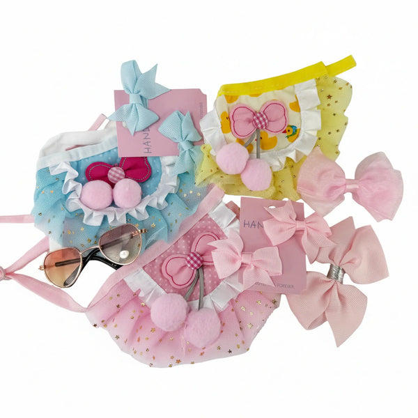XS dog wearing fluffy tutu, sunglasses and matching bows from Pet Princess Accessories Set