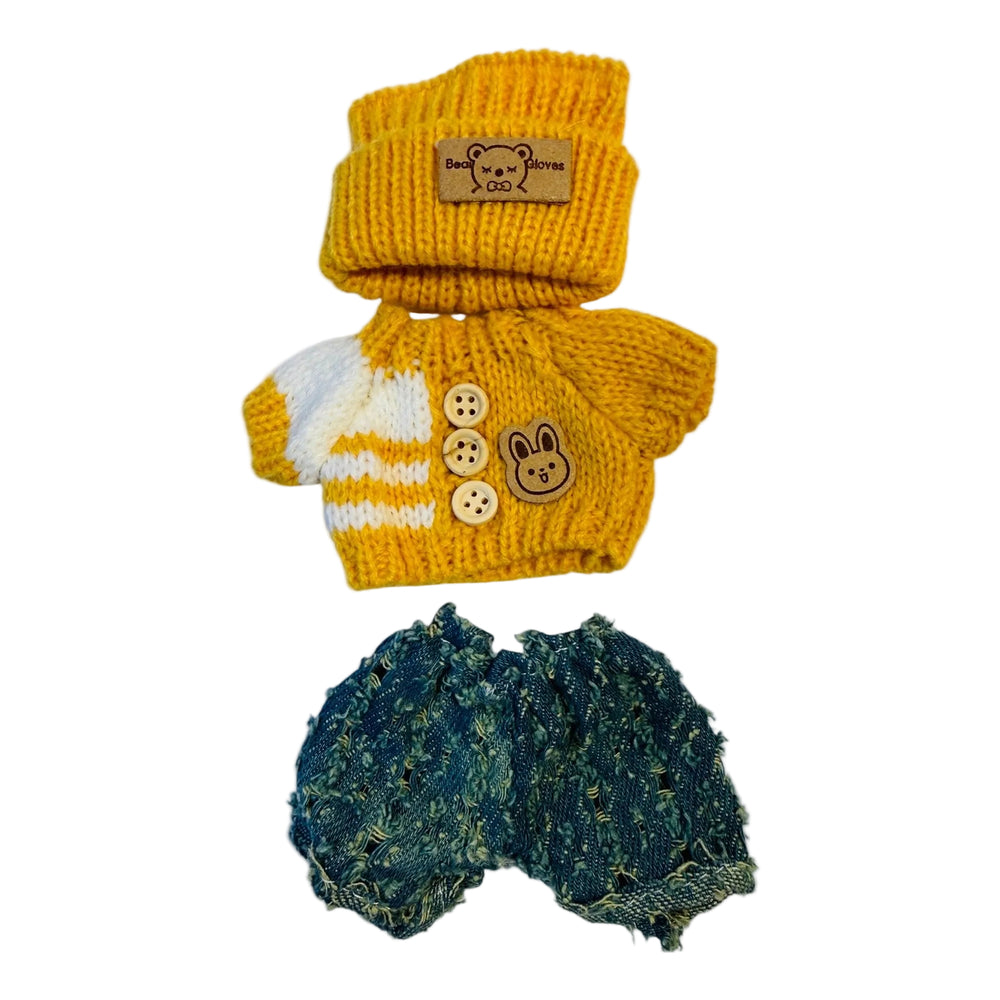 Yellow and white swether with dark green shorts and a matching yellow knit hat for 17cm dolls