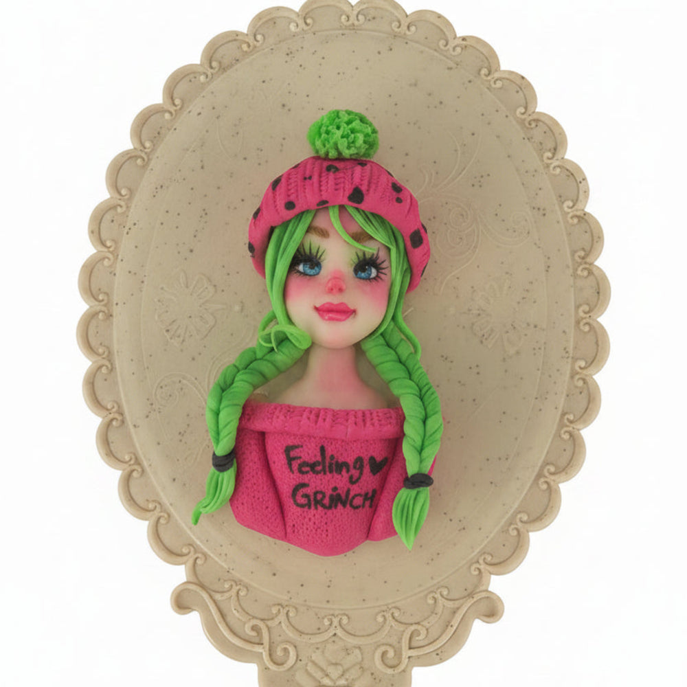 artisan cold porcelain doll flatback centerpiece with neon green pigtails and hot pink dots winter sweater for decoden