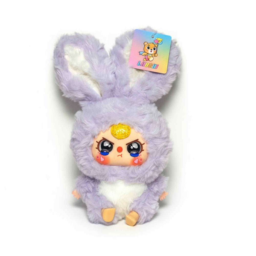 baby three crystal bedazzled lilac plush doll with purple bunny earsdetails