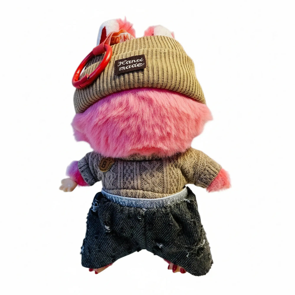 black shorts with light brown sweater and matching headband for 17cm plush doll