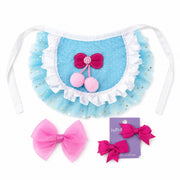 blue cherry pet tutu with white ruffle trim, gold star tulle and matching pink bows for small pets