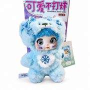 blue kawaii plush doll with sparkling crystal hair, satin bows and embroidered snowflakes displayed with its collectible box