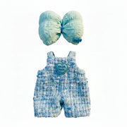 blue overalls with a matching hair bow  for 17cm dolls
