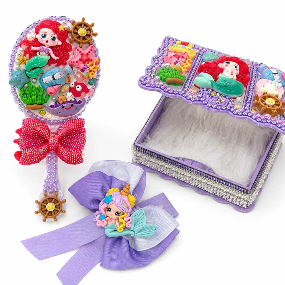 boutique mermaid vanity gift set with mirror, purse, bow and pearl-style details
