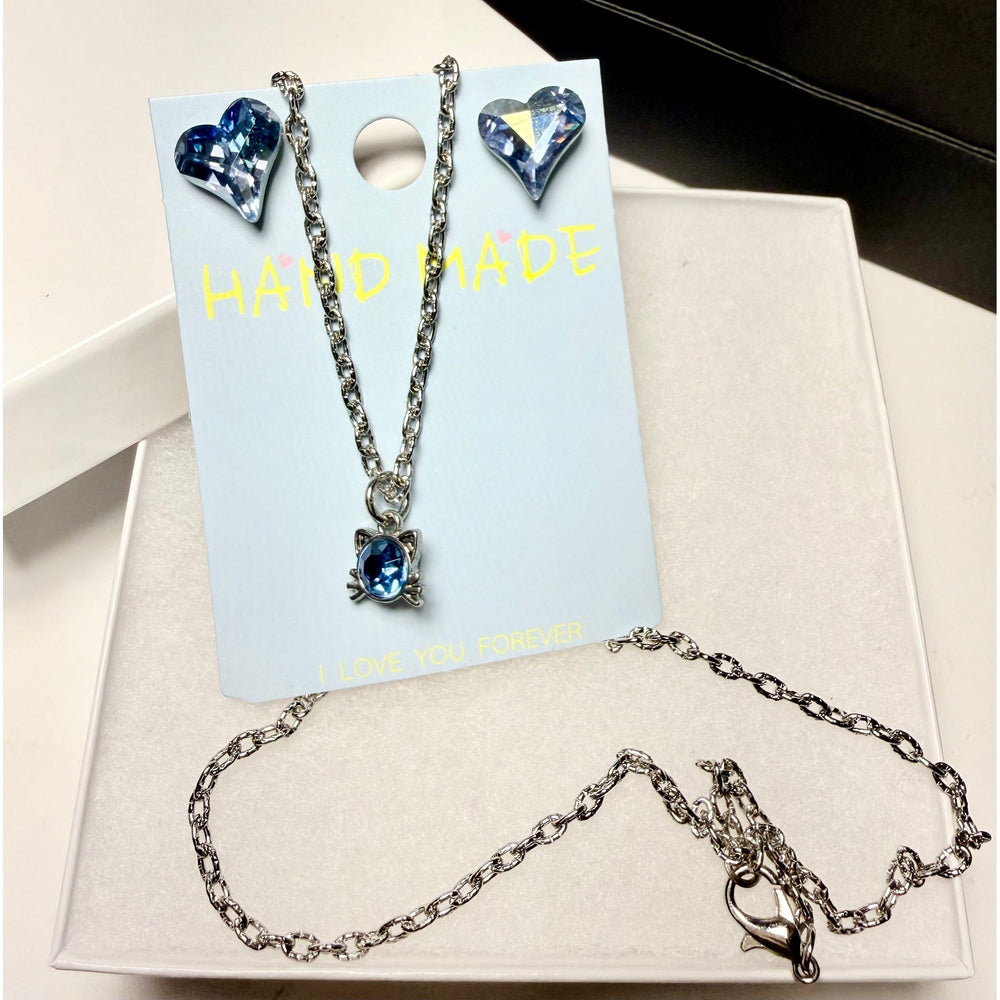 cat pendant necklace and crystal earrings silver tone jewelry 
