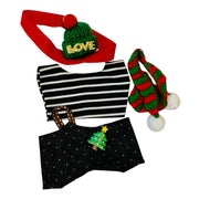 christmas-themed outfit set with striped shirt, black bag, red green headband and scarf for 17cm doll