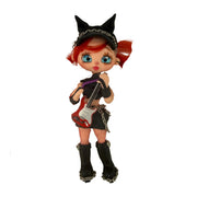 clay doll with red hair, black outfit, and guitar on a white background