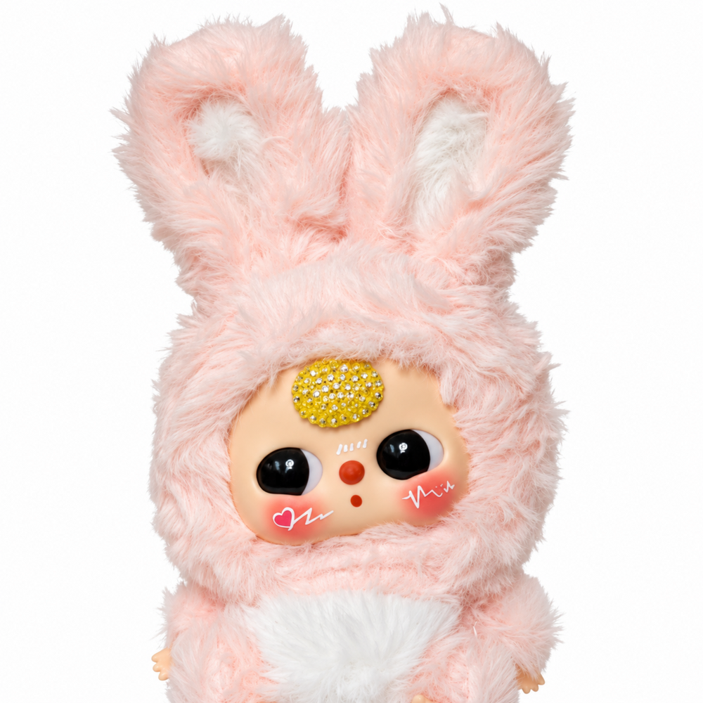 close-up of pink baby three plush with long bunny ears, white cheek details and sparkling yellow crystal forehead accent
