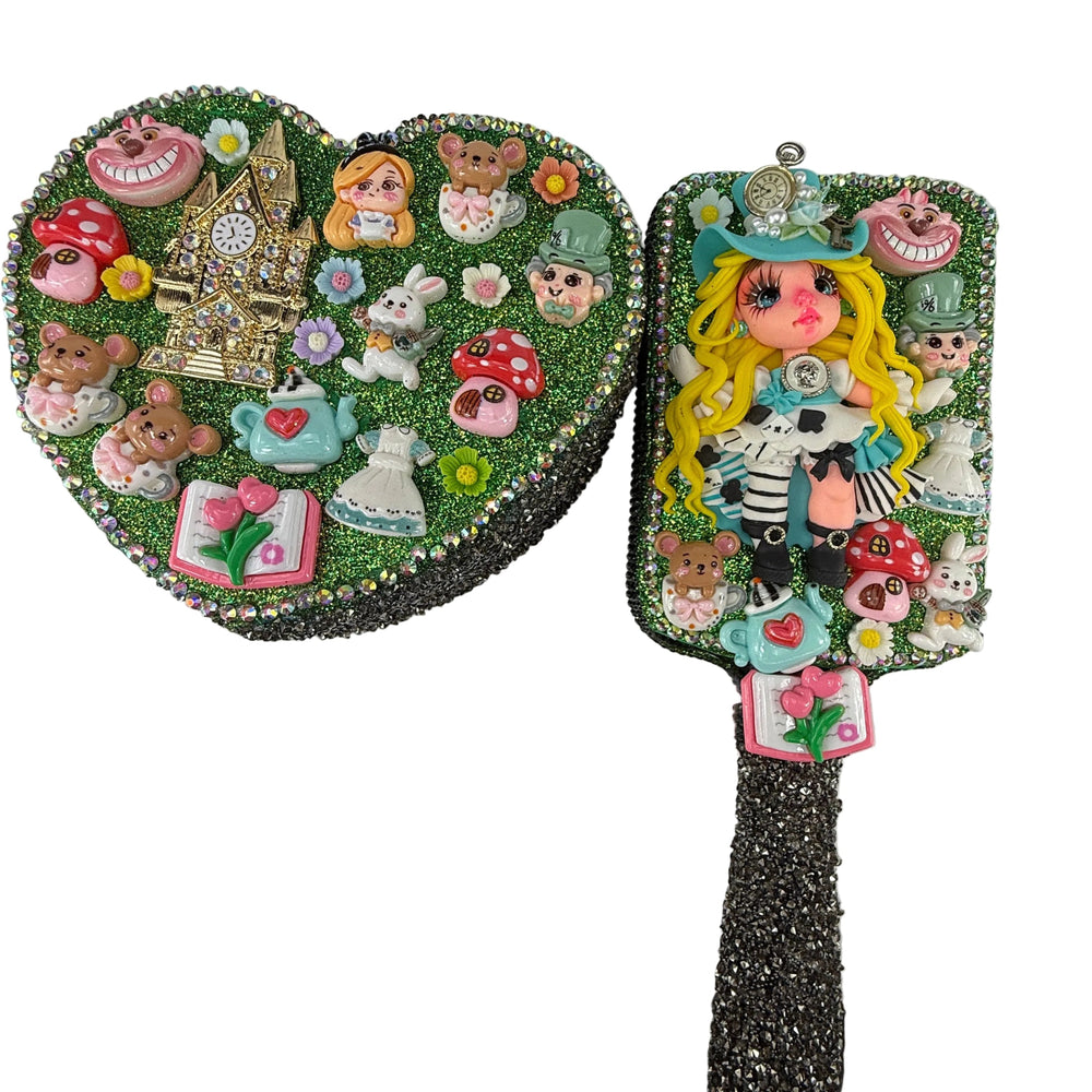 close up of decorated hairbrush and heart jewelry box with teapots and flex porcelain details