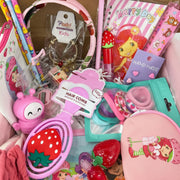 complete kawaii gift basket for girls with pencils, notebook, coin pouch, lip balm and strawberry accessories
