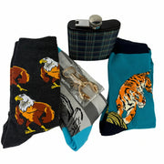 cool gift set for men with novelty socks, gold lobster bottle opener and stainless steel flask 