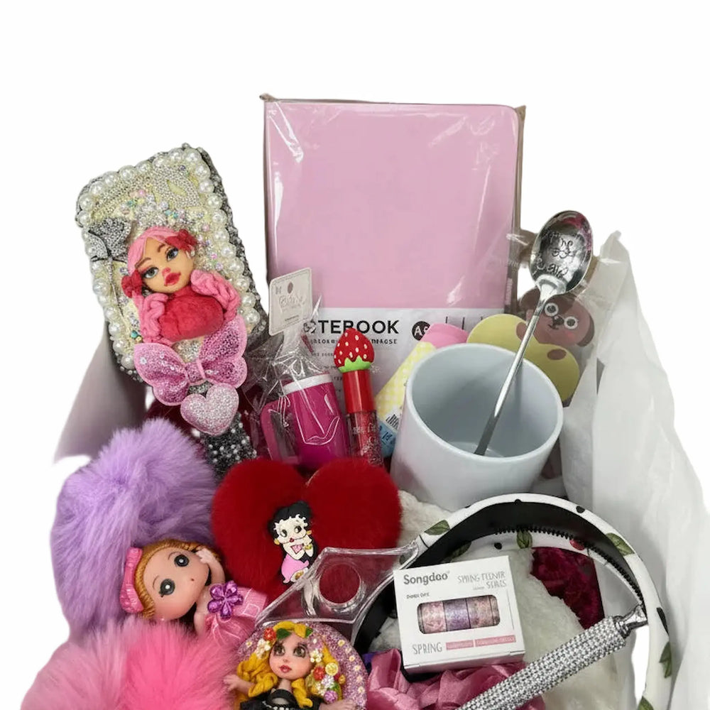 coquette gift basket contents with lip gloss, washi tape, hair ties, socks and keychains