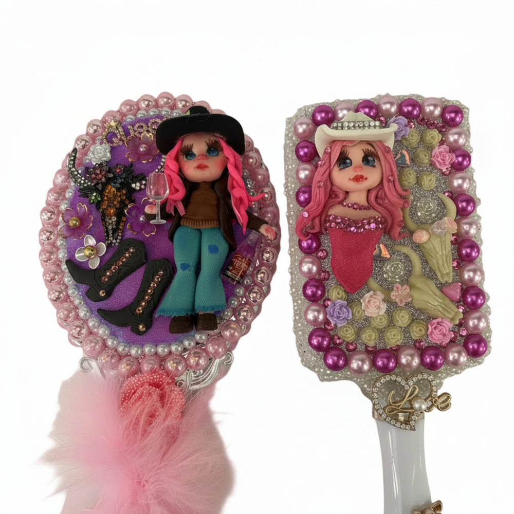 cowgirl decorated mirror, decorated hair brush cowgirl, with western charms, bows, and boutique details for girls