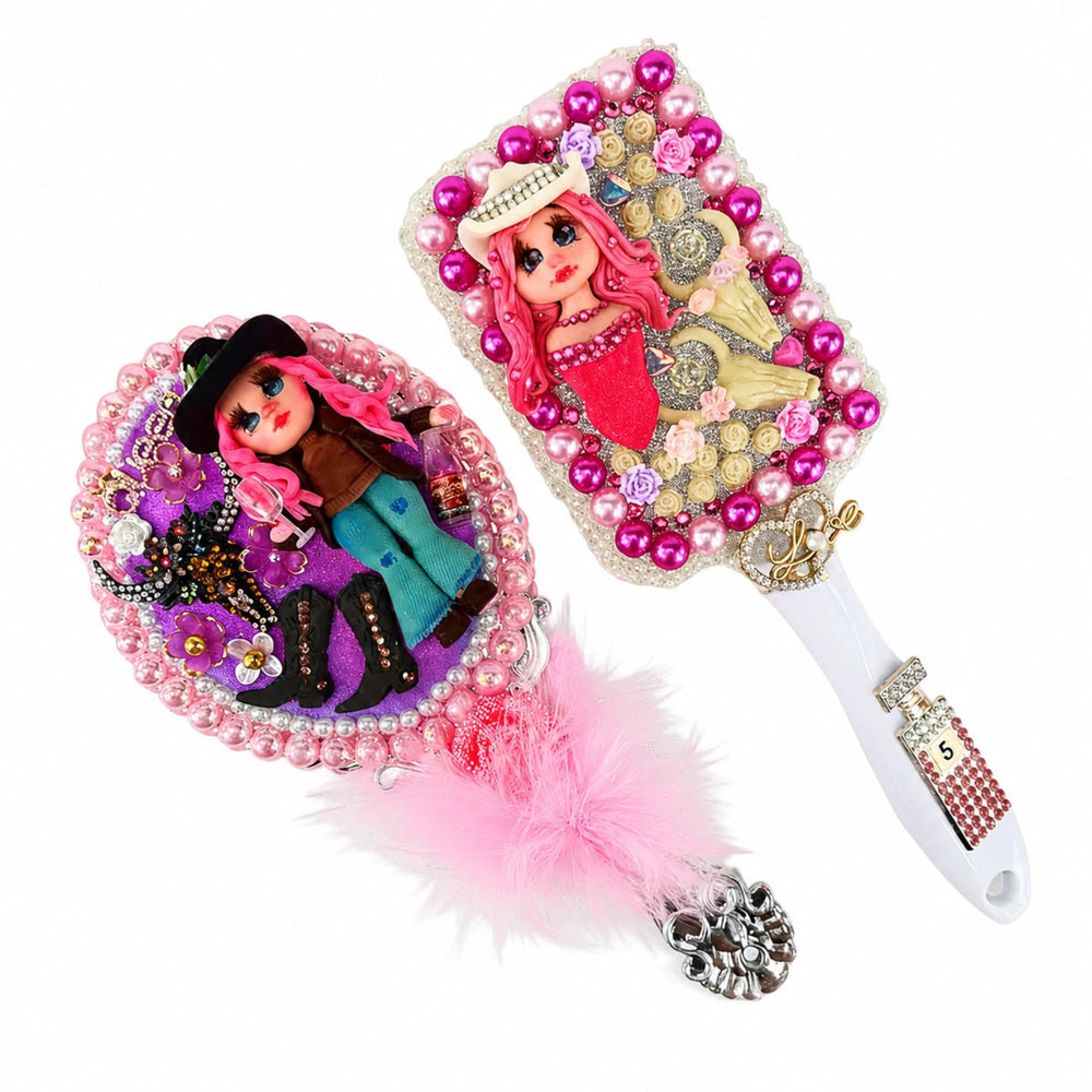 pink cowgirl vanity gift set with mirror hair brush necklace earrings and mini doll