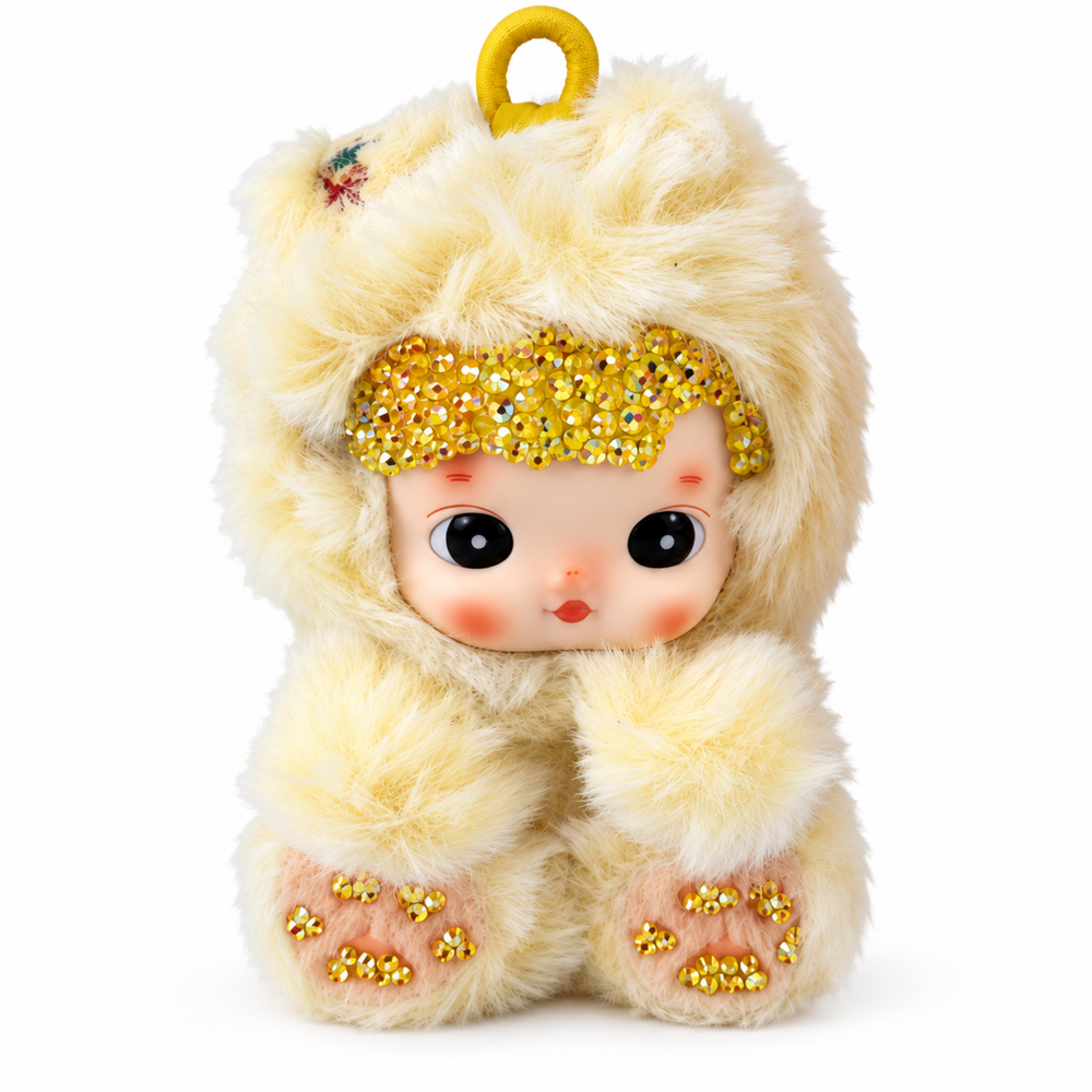cream hacipupu pineapple plush pendant with gold crystals and partially decorated peach paw pads