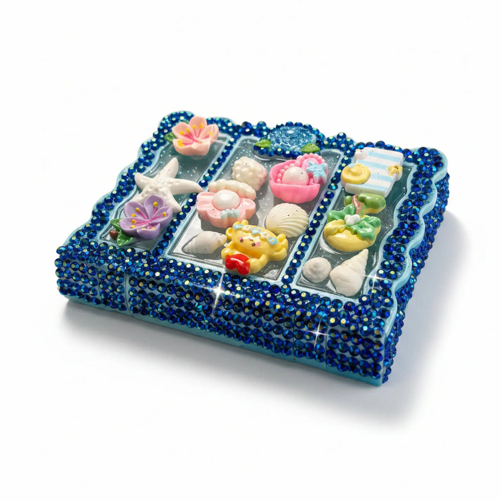 crystal-decorated jewelry box with mermaid decoden art, handmade beach theme gift for her