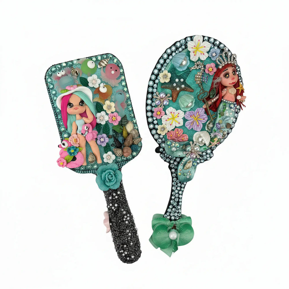 crystal decoden hair brush with ocean theme decorations, handmade mermaid vanity gift set