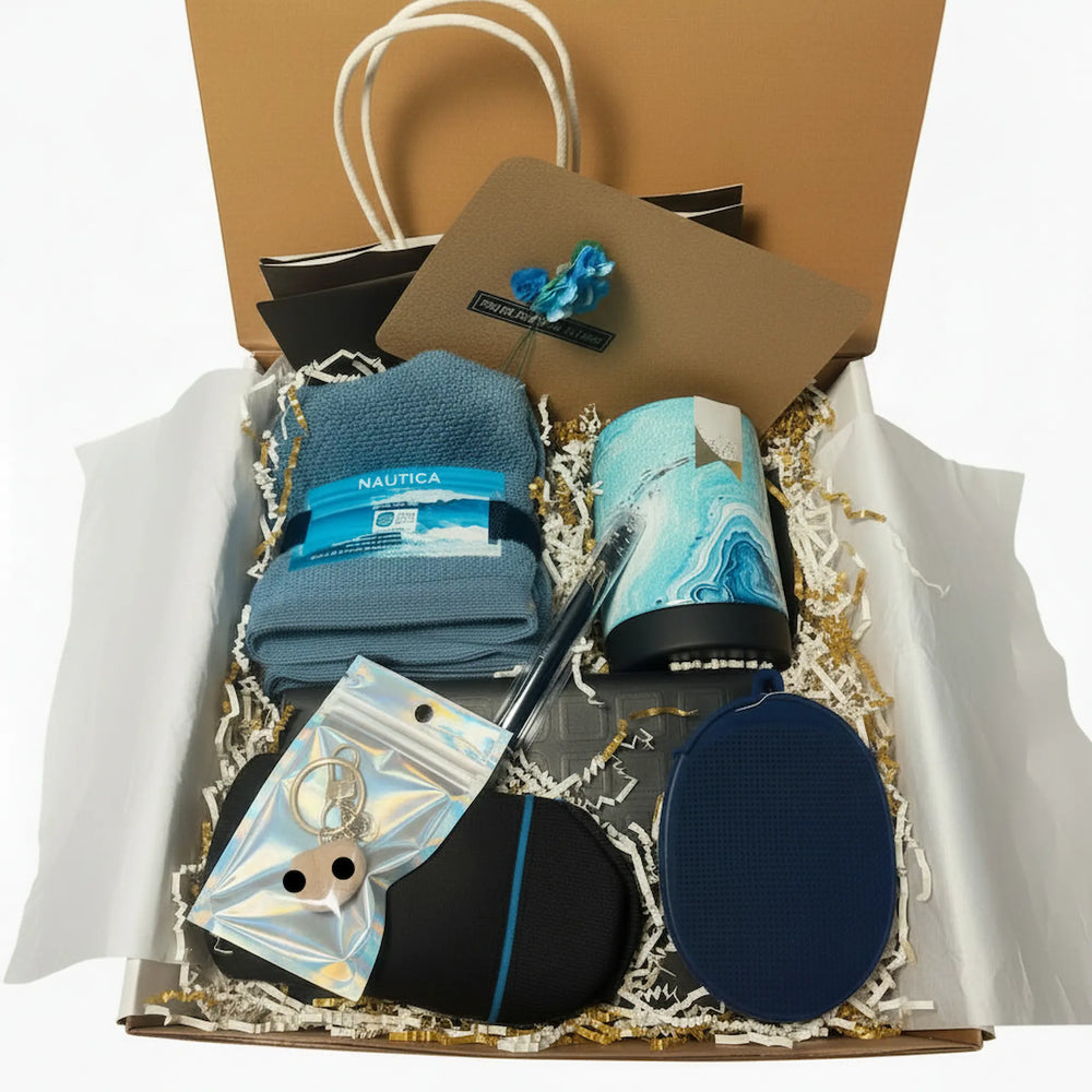 curated wellness gift box for him with blue marble mug and handcrafted accessories