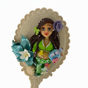 custom hand mirror embellished with a flexible cold porcelain pregnant mermaid and a purple flower
