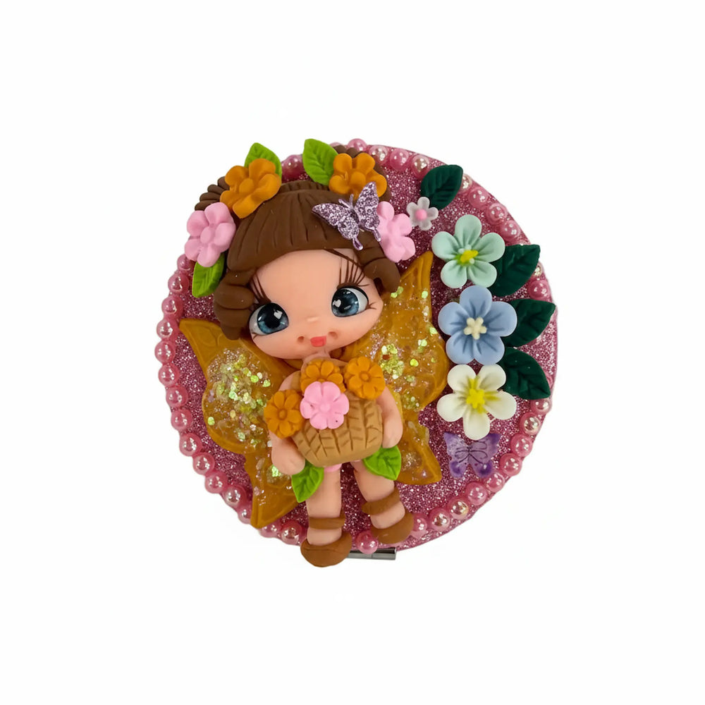 decorated compact mirror with small handmade clay doll  floral vanity decorations