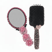 decorative hand mirror and hair brush with handmade doll art, flowers, pearls and crystal accents
