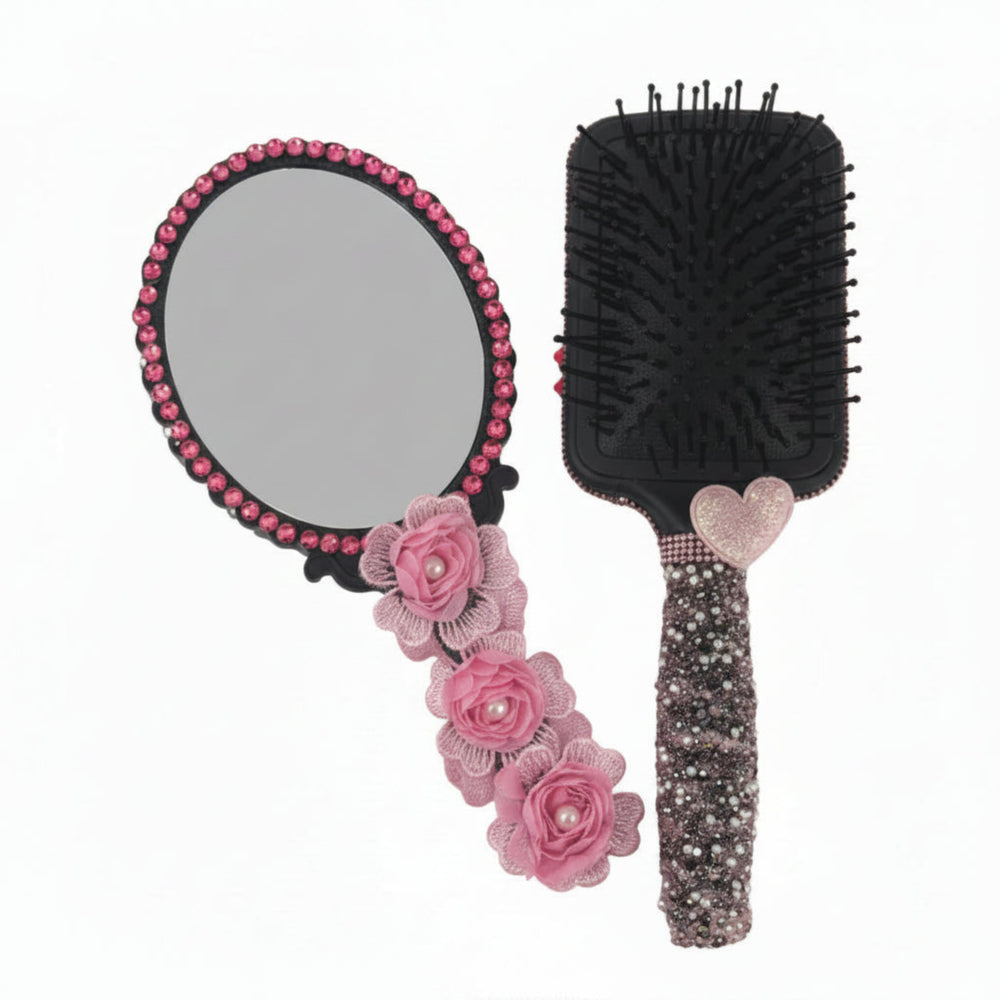 decorative hand mirror and hair brush with handmade doll art, flowers, pearls and crystal accents