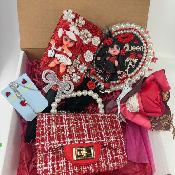 decorative red hair brush and mirror, and red matching purse flex porcelain dolls