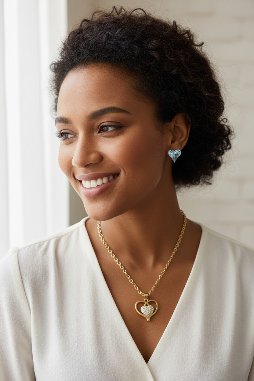 Diverse model wearing the gold-tone heart pendant necklace and matching crystal heart earrings