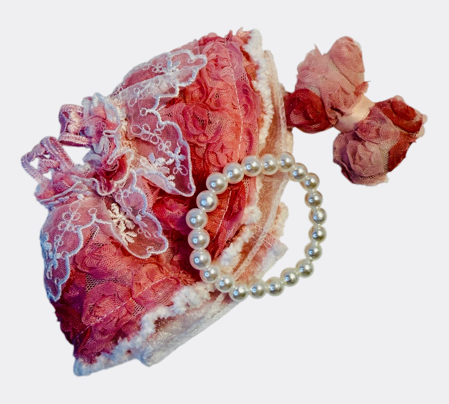 Elegant floral dress matching hair bow pink, and perl collar for Bubu dolls 