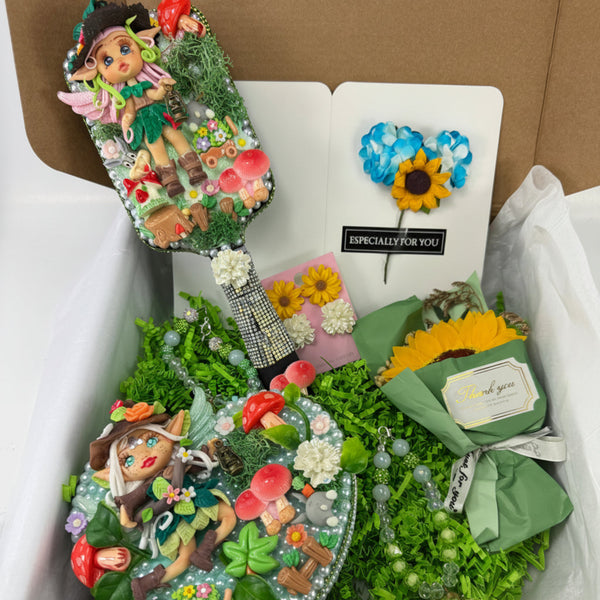 enchanted forest fairy gift set with a decoden hairbrush, light-up jewelry box, earrings, and floral rose soap