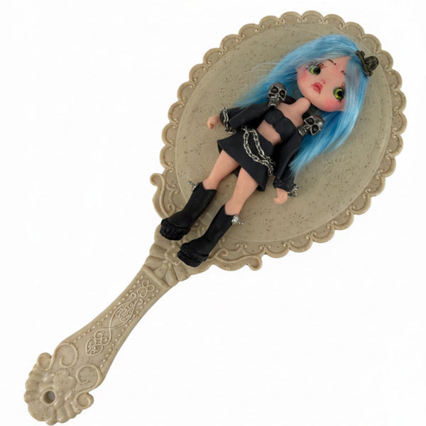flex porcelain gothic doll charm with vibrant blue hair in a dark dress for kawaii crafts