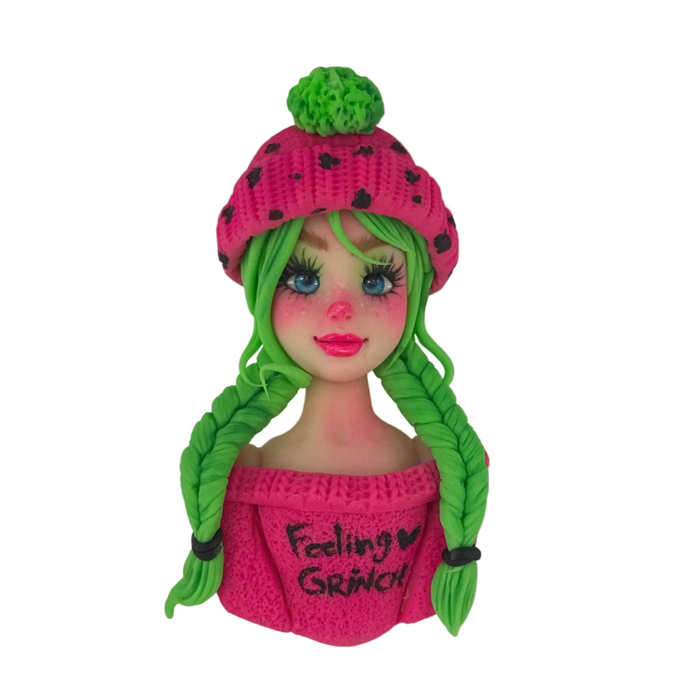 flexible cold porcelain grinch style doll planar bust with green hair and pink knitted beanie hat for custom accessories