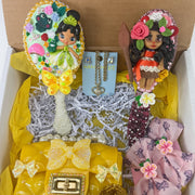 gift box with decorated mirror and brush featuring porcelain dolls, mini purse and jewelry