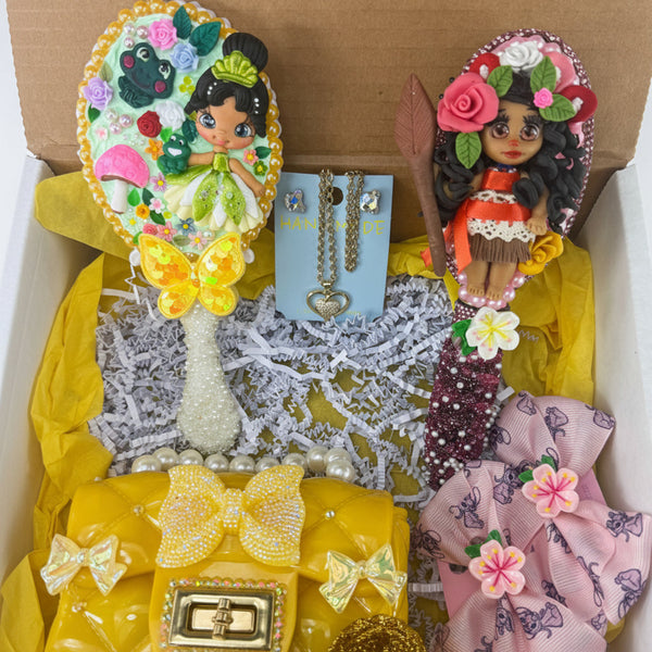 gift box with decorated mirror and brush featuring porcelain dolls, mini purse and jewelry