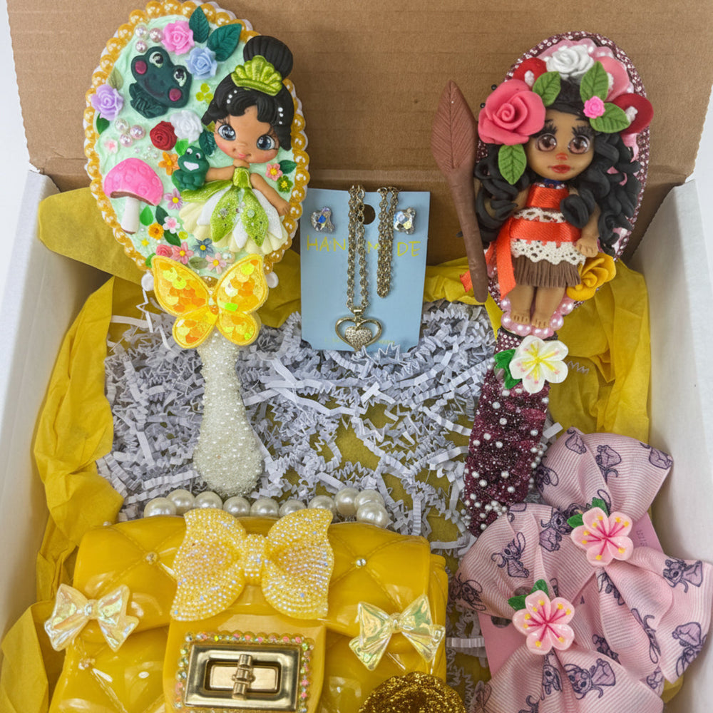 gift box with decorated mirror and brush featuring porcelain dolls, mini purse and jewelry