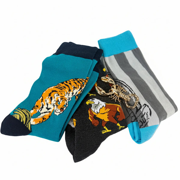 gift set for men with three pairs of novelty socks and gold lobster bottle opener