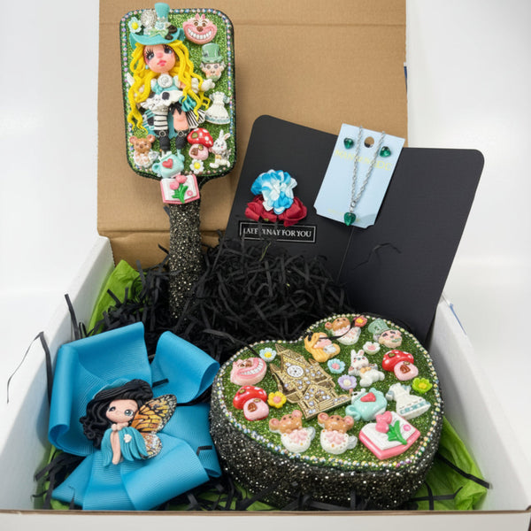 gift set with decorated hairbrush heart jewelry box blue fairy bow and green jewelry