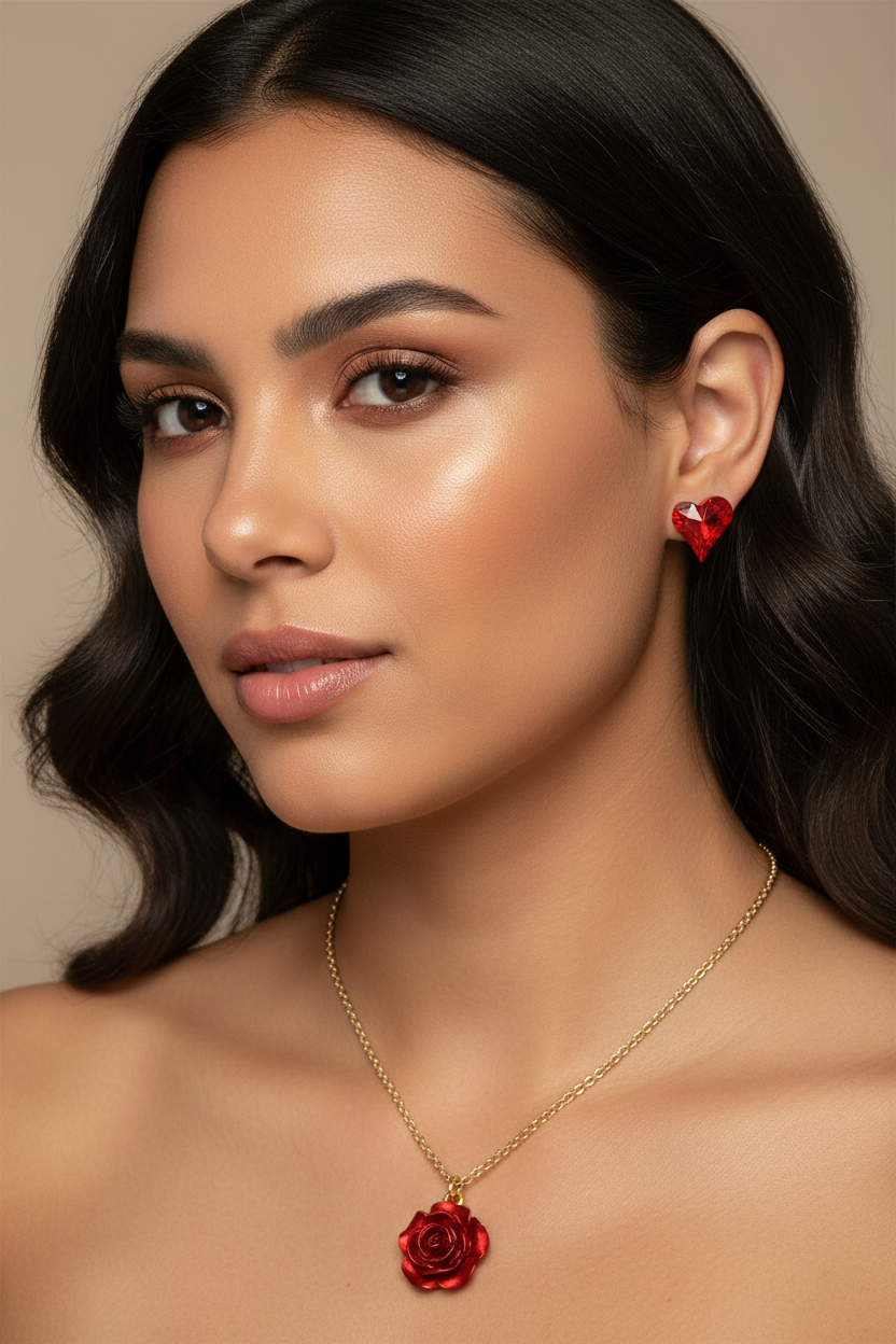 gold tone chain, red pendant rose, crystal earring set