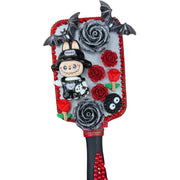 gothic decorated hairbrush with red flat back rhinestones, black roses and monster figure