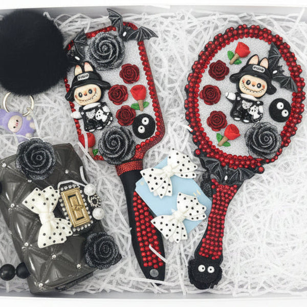 gothic gift box with decorated mirrors, red crystals, small purse and hair bows